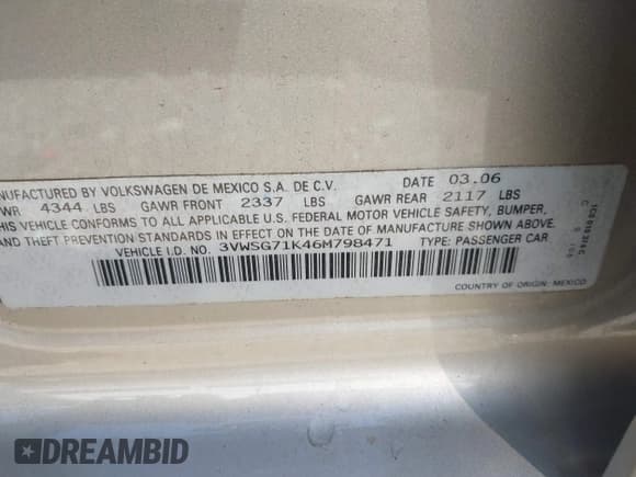 ✅ 2006 Volkswagen Jetta 2.5L • VIN: 3VWSG71K46M798471 • Лот: 41982917. Опубликован ранее на IAAI с пробегом 32 389 миль. Бесплатный доступ к архиву аукционных продаж из США и подробный отчёт об истории автомобиля на DreamBid. Изображение 9.