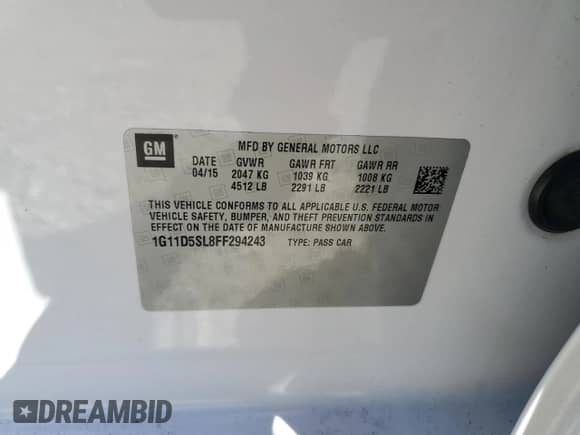 2015 Chevrolet Malibu LT z VIN 1G11D5SL8FF294243, wystawiony jako Copart lot #85724355 z przebiegiem 52 447 mil mil oraz Szkoda całkowita • Salvage title. Historia ofert i sprzedaży dostępna na DreamBid. Obrazek 12.