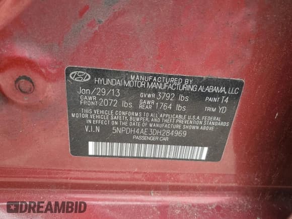 ✅ 2013 Hyundai Elantra Limited • VIN: 5NPDH4AE3DH284969 • Lot: 61418505. Listed on Copart with 151,390 mi. Free auction sales archive from the USA and detailed vehicle history report at DreamBid. Image 12.