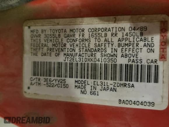 ✅ 1989 Toyota Tercel • VIN: JT2EL31DXK0410350 • Lot: 79207084. Listed on Copart with 189,827 mi. Free auction sales archive from the USA and detailed vehicle history report at DreamBid. Image 12.