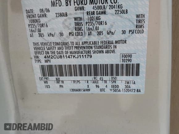 ✅ 2007 Mercury Mariner Luxury • VIN: 4M2CU81147KJ11179 • Лот: 68226615. Опубликован ранее на Copart с пробегом 112 217 миль. Бесплатный доступ к архиву аукционных продаж из США и подробный отчёт об истории автомобиля на DreamBid. Изображение 13.