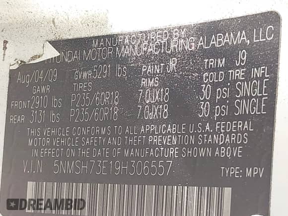 2009 Hyundai Santa Fe SE z VIN 5NMSH73E19H306557, wystawiony jako IAAI lot #43292810 z przebiegiem 168 629 mil mil oraz . Historia ofert i sprzedaży dostępna na DreamBid. Obrazek 9.