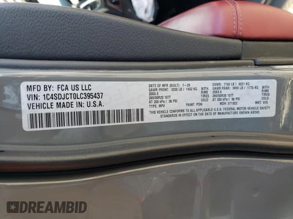 ✅ 2020 Dodge Durango R/T • VIN: 1C4SDJCT0LC395437 • Lot: 87882145. Listed on Copart with Not provided. Free auction sales archive from the USA and detailed vehicle history report at DreamBid. Image 14.