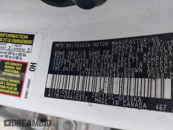 ✅ 2016 Toyota Corolla L • VIN: 2T1BURHE2GC481998 • Lot: 42255430. Wystawiony na IAAI z przebiegiem 71 982 mil. Bezpłatny archiwum sprzedaży aukcyjnych z USA i szczegółowy raport historii pojazdu na DreamBid. Zdjęcie 9.