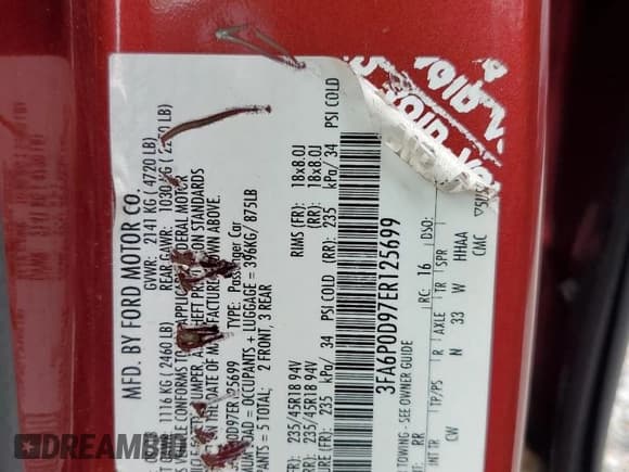 ✅ 2014 Ford Fusion Titanium • VIN: 3FA6P0D97ER125699 • Лот: 82249625. Опубликован ранее на Copart с пробегом 167 083 миль. Бесплатный доступ к архиву аукционных продаж из США и подробный отчёт об истории автомобиля на DreamBid. Изображение 12.