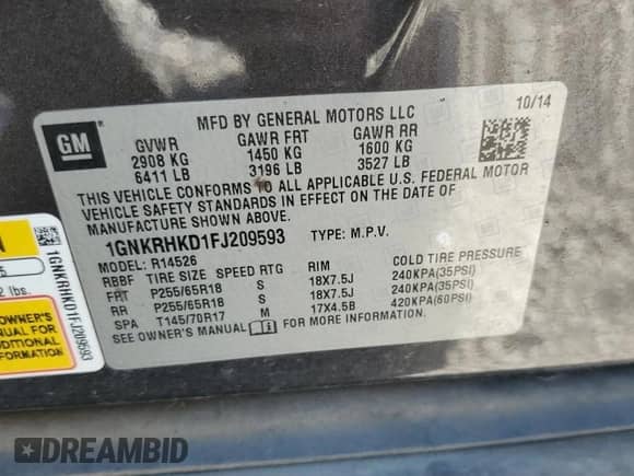 2015 Chevrolet Traverse LT с VIN 1GNKRHKD1FJ209593, выставлен на аукционе Copart как лот 82192355 с пробегом 88 291 миль миль и Списание • Salvage title. История ставок и продаж доступна на DreamBid. Изображение 14.