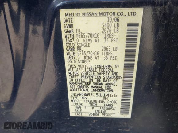 ✅ 2007 Nissan Xterra S • VIN: 5N1AN08W97C511466 • Лот: 42923682. Опубликован ранее на IAAI с пробегом 195 066 миль. Бесплатный доступ к архиву аукционных продаж из США и подробный отчёт об истории автомобиля на DreamBid. Изображение 9.