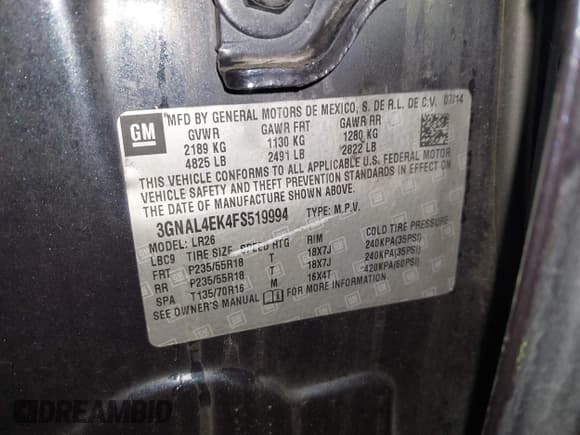 ✅ 2015 Chevrolet Captiva Sport LTZ • VIN: 3GNAL4EK4FS519994 • Lot: 42114534. Wystawiony na IAAI z przebiegiem 144 106 mil. Bezpłatny archiwum sprzedaży aukcyjnych z USA i szczegółowy raport historii pojazdu na DreamBid. Zdjęcie 9.