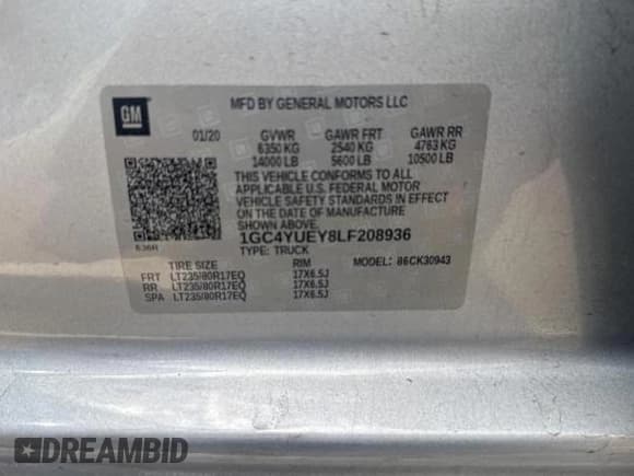 ✅ 2020 Chevrolet Silverado 3500HD LTZ • VIN: 1GC4YUEY8LF208936 • Lot: 59998105. Listed on Copart with 72,985 mi. Free auction sales archive from the USA and detailed vehicle history report at DreamBid. Image 10.