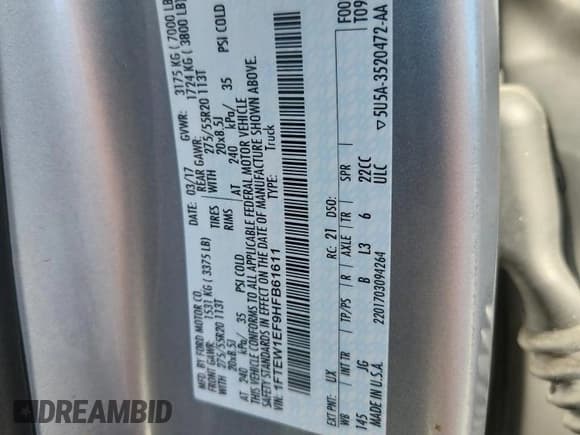 ✅ 2017 Ford F-150 XL • VIN: 1FTEW1EF9HFB61611 • Lot: 89479995. Wystawiony na Copart z przebiegiem 143 342 mil. Bezpłatny archiwum sprzedaży aukcyjnych z USA i szczegółowy raport historii pojazdu na DreamBid. Zdjęcie 12.