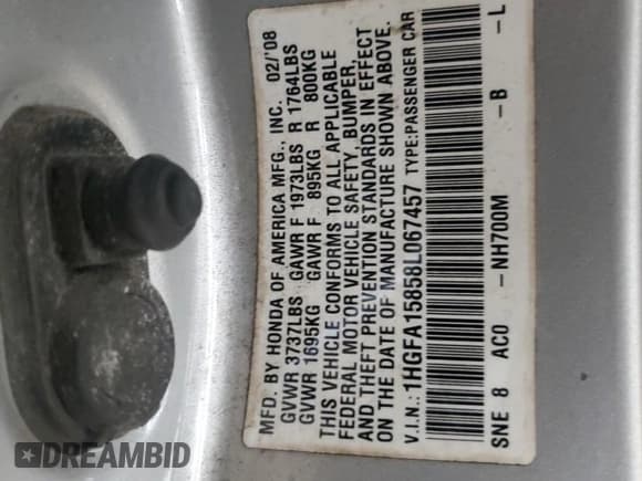 ✅ 2008 Honda Civic EX • VIN: 1HGFA15858L067457 • Лот: 92592005. Опубликован ранее на Copart с пробегом 91 304 миль. Бесплатный доступ к архиву аукционных продаж из США и подробный отчёт об истории автомобиля на DreamBid. Изображение 12.
