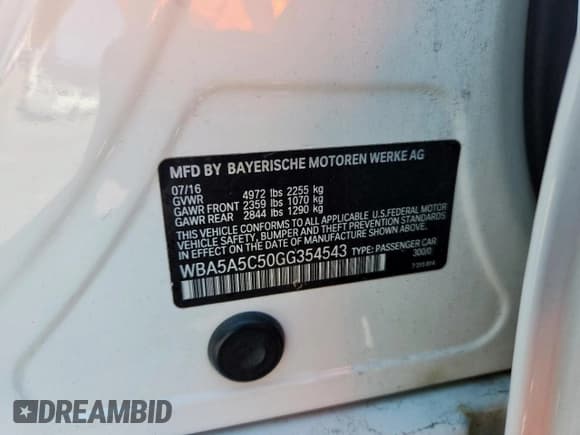 ✅ 2016 BMW 5 Series 528i • VIN: WBA5A5C50GG354543 • Lot: 71454205. Listed on Copart with 166,288 mi. Free auction sales archive from the USA and detailed vehicle history report at DreamBid. Image 12.