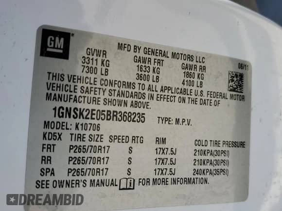 2011 Chevrolet Tahoe Commercial with VIN 1GNSK2E05BR368235, listed as a Copart auction lot 56422085 with 357,118 mi miles and Clean title. Bid and sale history available at DreamBid. Image 13.