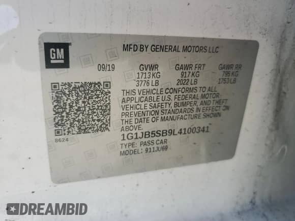 2020 Chevrolet Sonic LS с VIN 1G1JB5SB9L4100341, выставлен на аукционе Copart как лот 48777715 с пробегом 70 955 миль миль и На запчасти • Non repairable. История ставок и продаж доступна на DreamBid. Изображение 14.