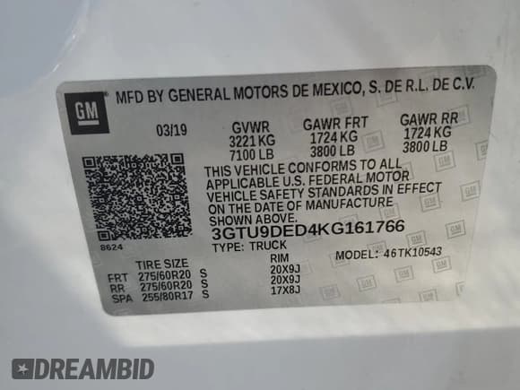 ✅ 2019 GMC Sierra 1500 SLT • VIN: 3GTU9DED4KG161766 • Lot: 66955295. Wystawiony na Copart z przebiegiem 131 303 mil. Bezpłatny archiwum sprzedaży aukcyjnych z USA i szczegółowy raport historii pojazdu na DreamBid. Zdjęcie 12.