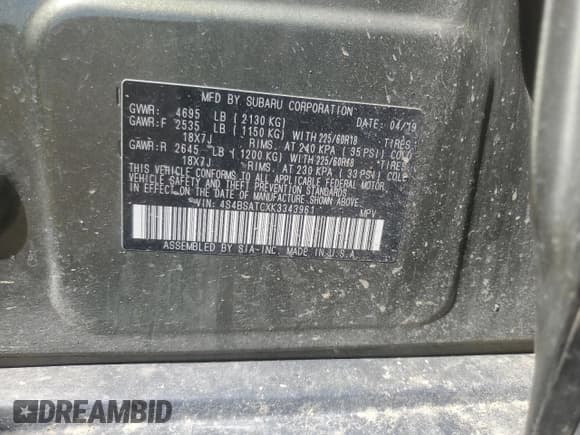 ✅ 2019 Subaru Outback Touring • VIN: 4S4BSATCXK3343961 • Lot: 56725725. Listed on Copart with 79,601 mi. Free auction sales archive from the USA and detailed vehicle history report at DreamBid. Image 14.