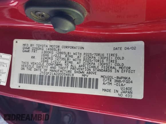 2002 Toyota Highlander with VIN JTEGF21A220054818, listed as a IAAI auction lot 42654545 with 267,286 mi miles and . Bid and sale history available at DreamBid. Image 9.