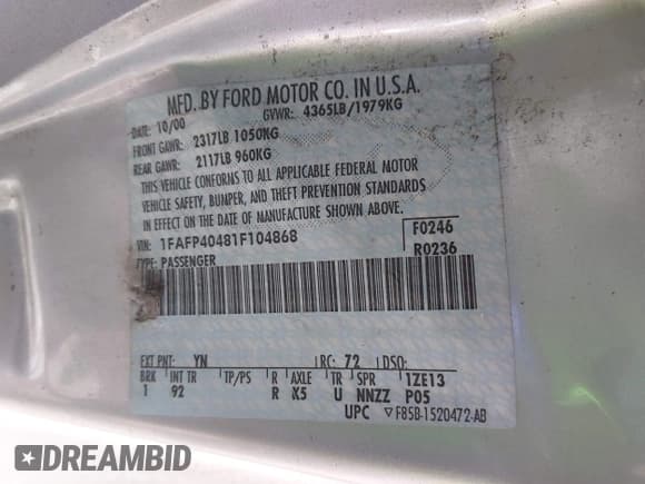 ✅ 2001 Ford Mustang Standard • VIN: 1FAFP40481F104868 • Lot: 43207034. Listed on IAAI with 85,415 mi. Free auction sales archive from the USA and detailed vehicle history report at DreamBid. Image 9.