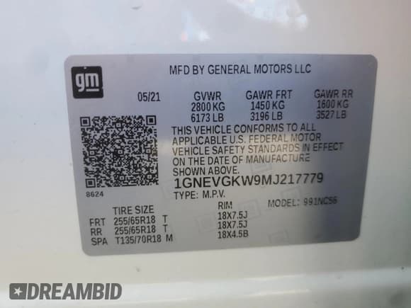 ✅ 2021 Chevrolet Traverse LT Cloth • VIN: 1GNEVGKW9MJ217779 • Lot: 85690295. Listed on Copart with 62,318 mi. Free auction sales archive from the USA and detailed vehicle history report at DreamBid. Image 13.