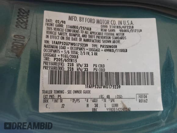✅ 1998 Ford Taurus LX • VIN: 1FAFP52U7WG175239 • Лот: 70057775. Опубликован ранее на Copart с пробегом 122 032 миль. Бесплатный доступ к архиву аукционных продаж из США и подробный отчёт об истории автомобиля на DreamBid. Изображение 12.