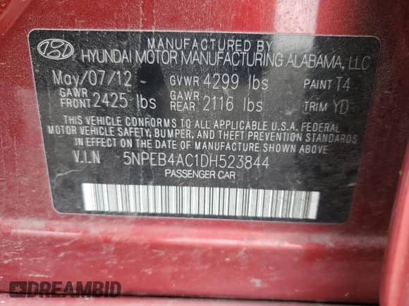 2013 Hyundai Sonata GLS with VIN 5NPEB4AC1DH523844, listed as a Copart auction lot 82414295 with 63,712 mi miles and Salvage title. Bid and sale history available at DreamBid. Image 12.