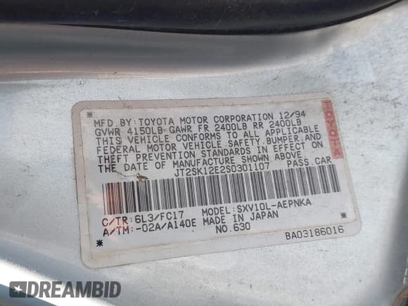 ✅ 1995 Toyota Camry LE • VIN: JT2SK12E2S0301107 • Lot: 42797146. Wystawiony na IAAI z przebiegiem 229 418 mil. Bezpłatny archiwum sprzedaży aukcyjnych z USA i szczegółowy raport historii pojazdu na DreamBid. Zdjęcie 9.