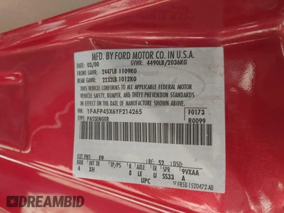 ✅ 2000 Ford Mustang GT • VIN: 1FAFP45X6YF214265 • Lot: 41662925. Listed on IAAI with 81,814 mi. Free auction sales archive from the USA and detailed vehicle history report at DreamBid. Image 9.