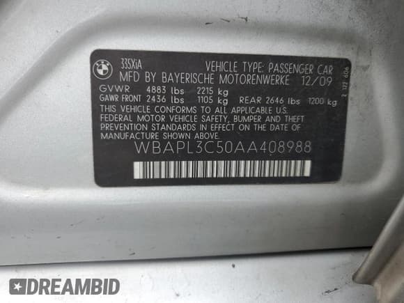 ✅ 2010 BMW 3 Series 335i xDrive • VIN: WBAPL3C50AA408988 • Lot: 65084975. Listed on Copart with 167,042 mi. Free auction sales archive from the USA and detailed vehicle history report at DreamBid. Image 13.