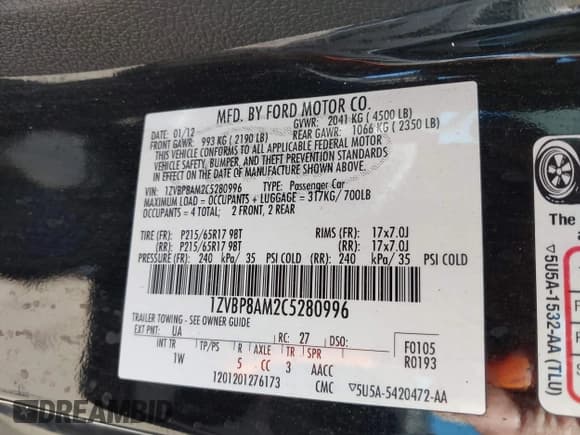 ✅ 2012 Ford Mustang V6 • VIN: 1ZVBP8AM2C5280996 • Лот: 43629091. Опубликован ранее на IAAI с пробегом 148 800 миль. Бесплатный доступ к архиву аукционных продаж из США и подробный отчёт об истории автомобиля на DreamBid. Изображение 9.