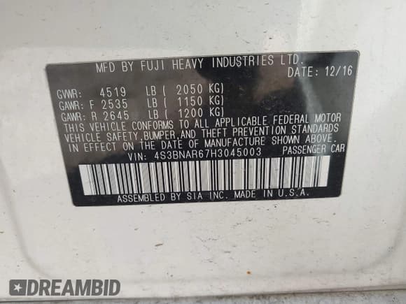 ✅ 2017 Subaru Legacy Special Sports • VIN: 4S3BNAR67H3045003 • Lot: 42103305. Listed on IAAI with 106,532 mi. Free auction sales archive from the USA and detailed vehicle history report at DreamBid. Image 9.