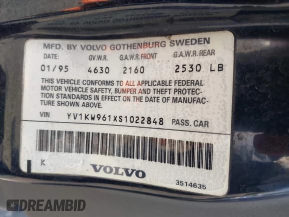 ✅ 1995 Volvo 960 • VIN: YV1KW961XS1022848 • Lot: 42973871. Wystawiony na IAAI z przebiegiem 218 224 mil. Bezpłatny archiwum sprzedaży aukcyjnych z USA i szczegółowy raport historii pojazdu na DreamBid. Zdjęcie 9.