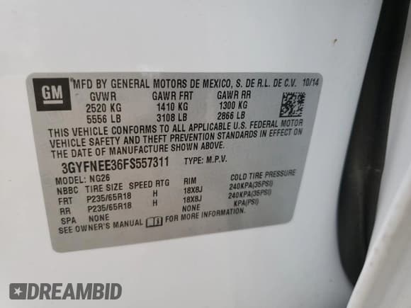 ✅ 2015 Cadillac SRX Luxury Collection • VIN: 3GYFNEE36FS557311 • Lot: 85869855. Listed on Copart with 68,700 mi. Free auction sales archive from the USA and detailed vehicle history report at DreamBid. Image 13.