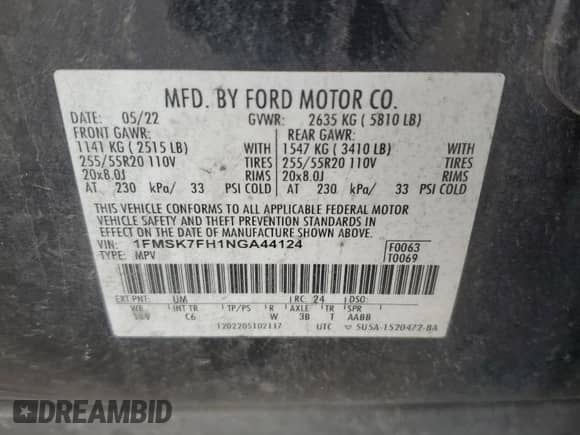 2022 Ford Explorer Limited with VIN 1FMSK7FH1NGA44124, listed as a Copart auction lot 83870445 with 145,647 mi miles and Salvage title. Bid and sale history available at DreamBid. Image 13.