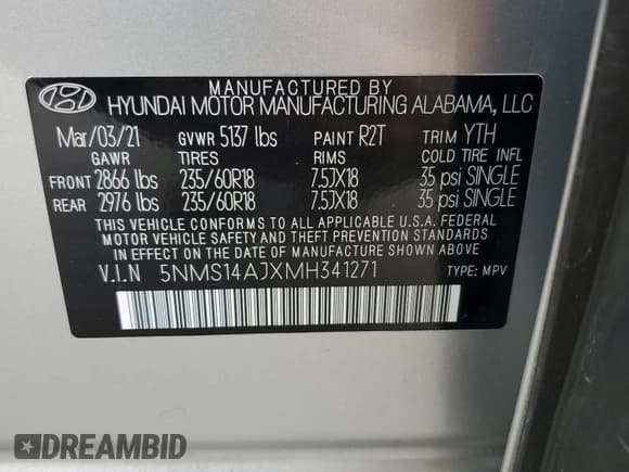 ✅ 2021 Hyundai Santa Fe SE • VIN: 5NMS14AJXMH341271 • Lot: 91697045. Wystawiony na Copart z przebiegiem 59 072 mil. Bezpłatny archiwum sprzedaży aukcyjnych z USA i szczegółowy raport historii pojazdu na DreamBid. Zdjęcie 13.