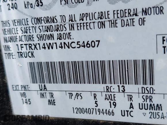 ✅ 2004 Ford F-150 STX • VIN: 1FTRX14W14NC54607 • Lot: 42415593. Listed on IAAI with 197,942 mi. Free auction sales archive from the USA and detailed vehicle history report at DreamBid. Image 9.