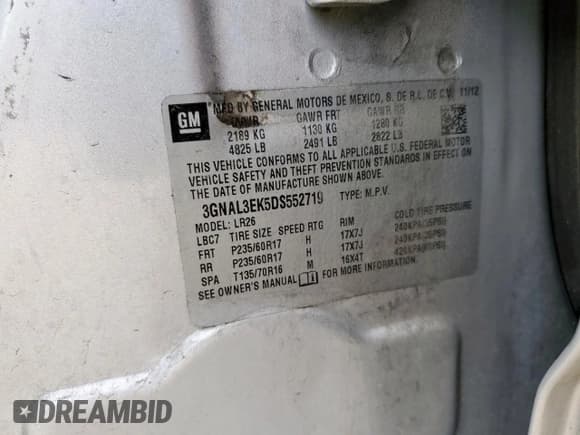 ✅ 2013 Chevrolet Captiva Sport LT • VIN: 3GNAL3EK5DS552719 • Lot: 60348785. Wystawiony na Copart z przebiegiem 143 134 mil. Bezpłatny archiwum sprzedaży aukcyjnych z USA i szczegółowy raport historii pojazdu na DreamBid. Zdjęcie 14.