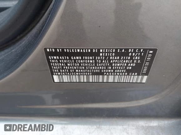 ✅ 2012 Volkswagen Jetta S • VIN: 3VW2K7AJ3CM049680 • Lot: 43058150. Listed on IAAI with 145,678 mi. Free auction sales archive from the USA and detailed vehicle history report at DreamBid. Image 9.