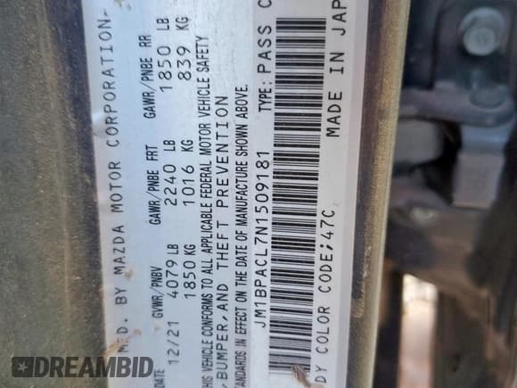 ✅ 2022 Mazda 3 Carbon Edition • VIN: JM1BPACL7N1509181 • Lot: 84629225. Listed on Copart with Not provided. Free auction sales archive from the USA and detailed vehicle history report at DreamBid. Image 12.