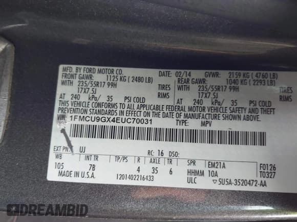 ✅ 2014 Ford Escape SE • VIN: 1FMCU9GX4EUC70031 • Лот: 43725499. Опубликован ранее на IAAI с пробегом 134 998 миль. Бесплатный доступ к архиву аукционных продаж из США и подробный отчёт об истории автомобиля на DreamBid. Изображение 9.