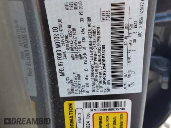 ✅ 2024 Ford Bronco Sport Badlands • VIN: 3FMCR9D94RRE35788 • Lot: 82397645. Listed on Copart with 38,286 mi. Free auction sales archive from the USA and detailed vehicle history report at DreamBid. Image 14.