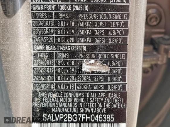 ✅ 2015 Land Rover Range Rover Evoque Pure Plus • VIN: SALVP2BG7FH046385 • Lot: 85652925. Listed on Copart with 81,970 mi. Free auction sales archive from the USA and detailed vehicle history report at DreamBid. Image 13.