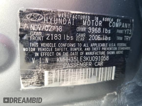 ✅ 2019 Hyundai Elantra • VIN: KMHH35LE3KU091058 • Lot: 91249705. Listed on Copart with 84,407 mi. Free auction sales archive from the USA and detailed vehicle history report at DreamBid. Image 12.