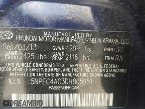 ✅ 2013 Hyundai Sonata SE • VIN: 5NPEC4AC3DH805951 • Lot: 70686234. Listed on Copart with Not provided. Free auction sales archive from the USA and detailed vehicle history report at DreamBid. Image 12.