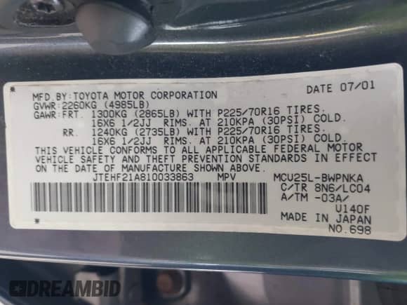 2001 Toyota Highlander с VIN JTEHF21A810033863, выставлен на аукционе IAAI как лот 43406011 с пробегом 238 627 миль миль и . История ставок и продаж доступна на DreamBid. Изображение 9.