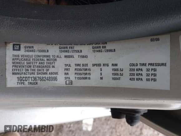 2006 Chevrolet Colorado 2LT with VIN 1GCDT136768248996, listed as a IAAI auction lot 41984230 with 230,150 mi miles and . Bid and sale history available at DreamBid. Image 9.