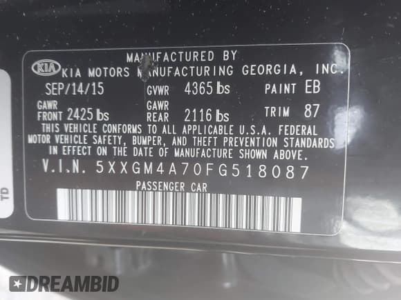 ✅ 2015 Kia Optima LX • VIN: 5XXGM4A70FG518087 • Lot: 43857571. Listed on IAAI with 166,641 mi. Free auction sales archive from the USA and detailed vehicle history report at DreamBid. Image 9.