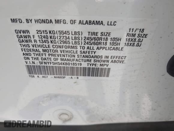 ✅ 2019 Honda Pilot EX-L • VIN: 5FNYF5H54KB018519 • Lot: 42170270. Listed on IAAI with 194,717 mi. Free auction sales archive from the USA and detailed vehicle history report at DreamBid. Image 9.