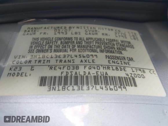 ✅ 2007 Nissan Versa S • VIN: 3N1BC13E37L456099 • Lot: 43841247. Listed on IAAI with 114,610 mi. Free auction sales archive from the USA and detailed vehicle history report at DreamBid. Image 9.
