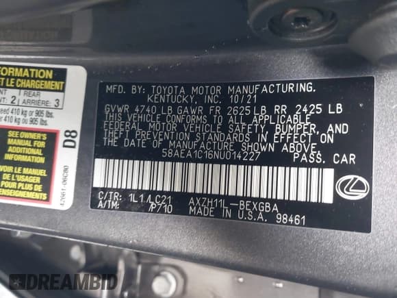 ✅ 2022 Lexus ES 300h Luxury • VIN: 58AEA1C16NU014227 • Lot: 41504883. Listed on IAAI with 55,850 mi. Free auction sales archive from the USA and detailed vehicle history report at DreamBid. Image 9.