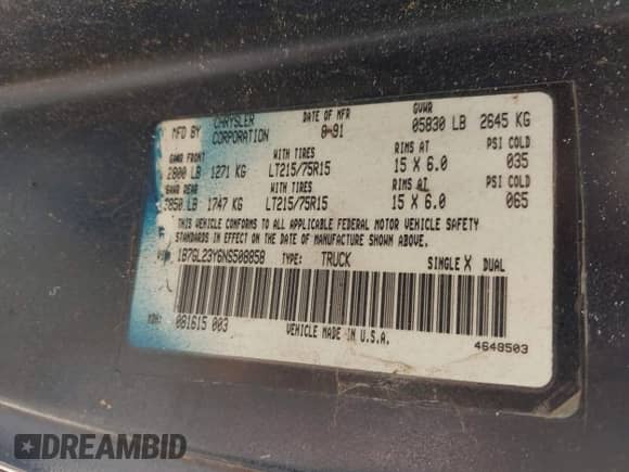 1992 Dodge Dakota z VIN 1B7GL23Y6NS508858, wystawiony jako IAAI lot #42380225 z przebiegiem 177 280 mil mil oraz . Historia ofert i sprzedaży dostępna na DreamBid. Obrazek 9.